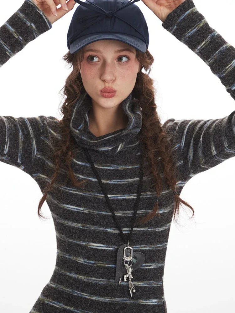 Y2K Grunge Striped Mock Neck Top - TEVQA