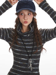 Y2K Grunge Striped Mock Neck Top - TEVQA