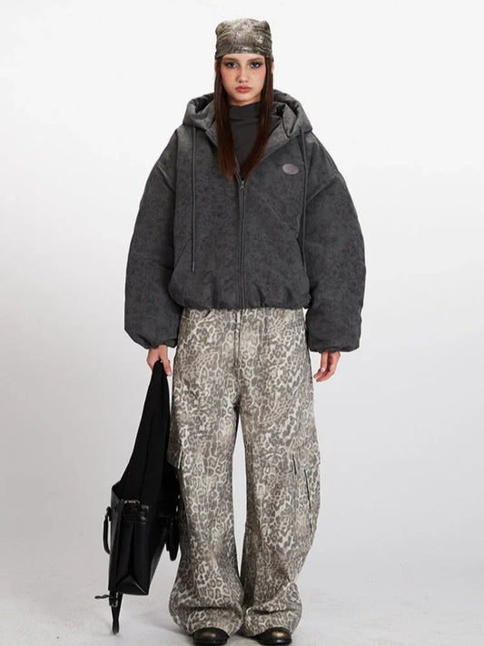 Vintage Wash Distressed Hooded Puffer Jacket - TEVQA