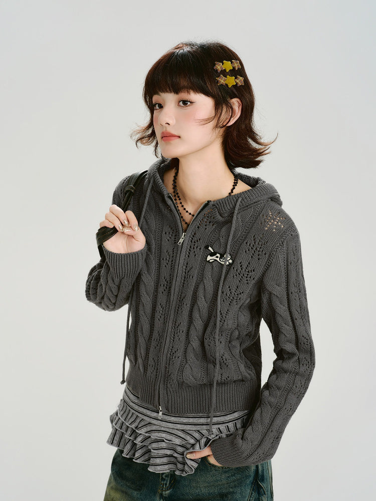 Vintage Cable Knit Hooded Zip-Up Cardigan - Grey