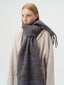 Close-up of the model's face and the textured knit plaid scarf.