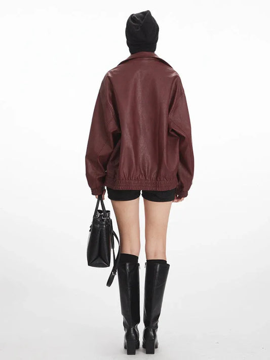 Vintage Burgundy Oversized Faux Leather Bomber Jacket - TEVQA