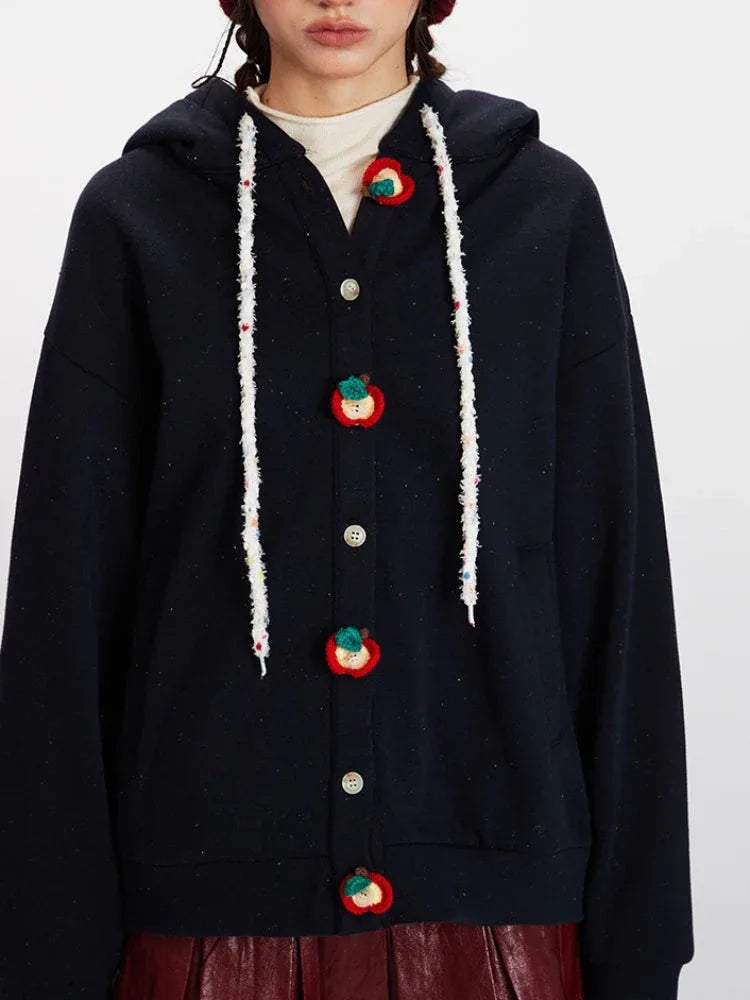 Navy Speckled Apple Button Hoodie - View 6 | TEVQA