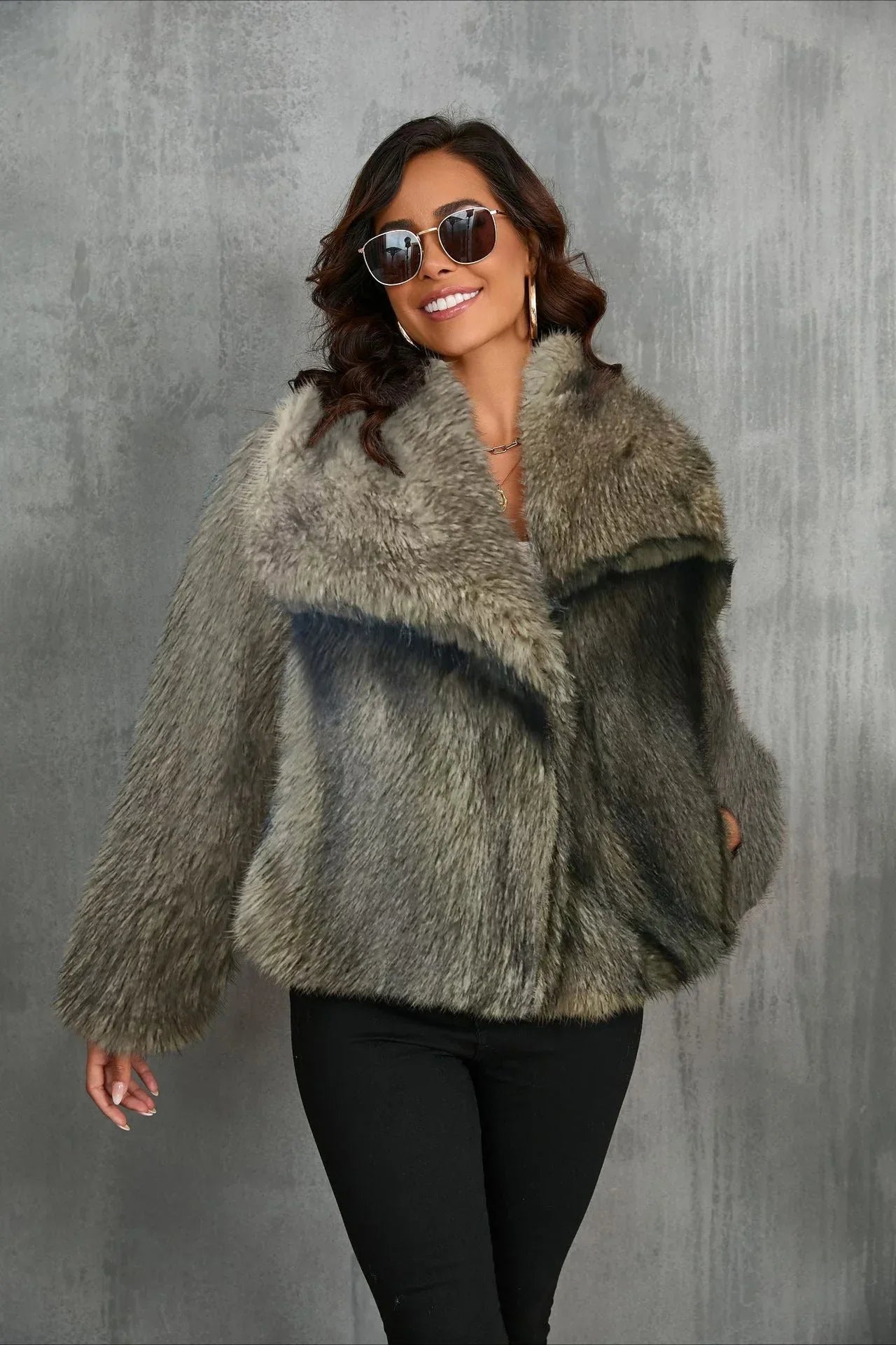 Luxe Sage Grey Faux Fox Fur Coat - TEVQA