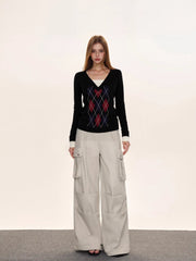 Black Argyle V-Neck Mock Two-Piece Knit Sweater