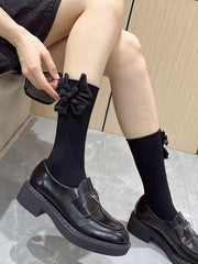 3D Floral Applique Ribbed Knee High Socks Black