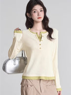 Faux Layered Henley Top in Cream and Green - View 6 | TEVQA