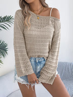 Ethereal White Boat Neck Hollow Out Sweater - View 8 | TEVQA