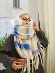 Oversized knit scarf with block stripes and fringe - View 10 | TEVQA