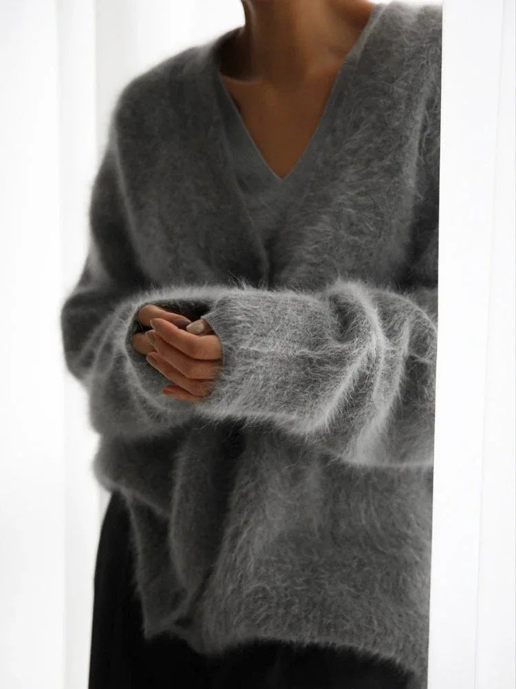 Faux Mink V-Neck Cardigan - View 12 | TEVQA