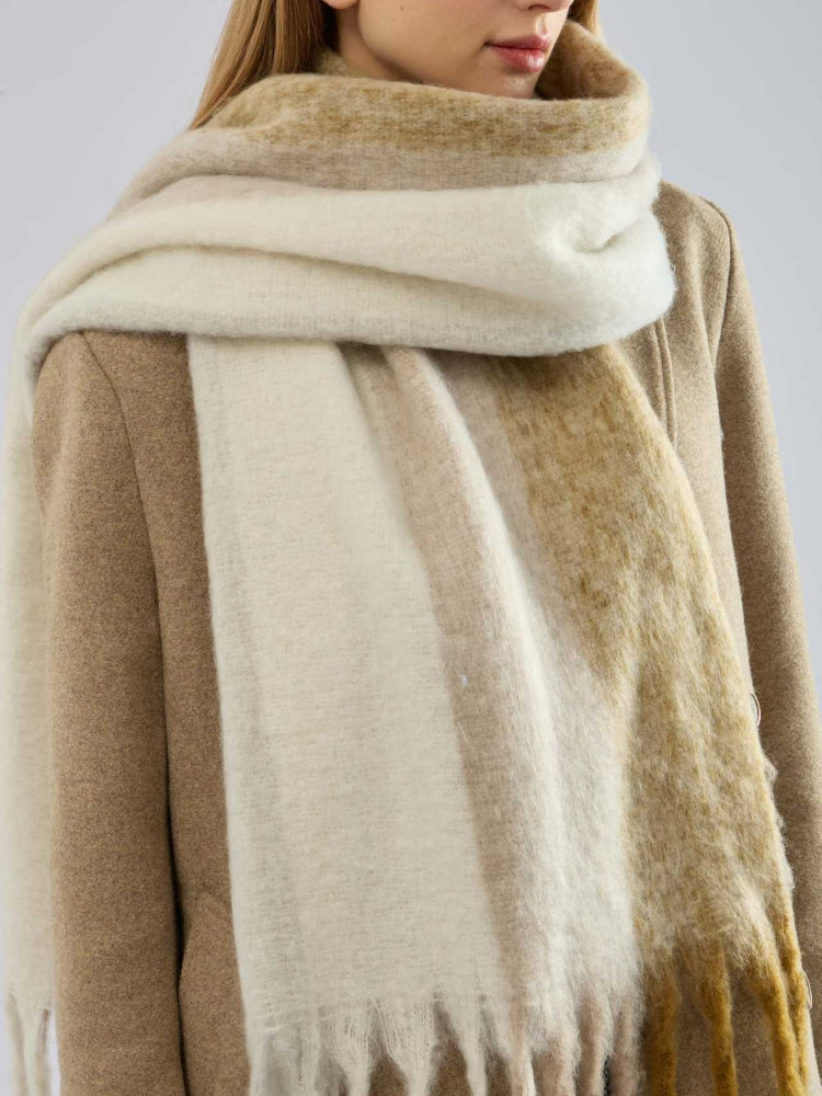 Women's Oversized Color Block Scarf Soft Bouclé Knit with Fringe Tassels - Beige & Camel