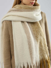 Women's Oversized Color Block Scarf Soft Bouclé Knit with Fringe Tassels - Beige & Camel