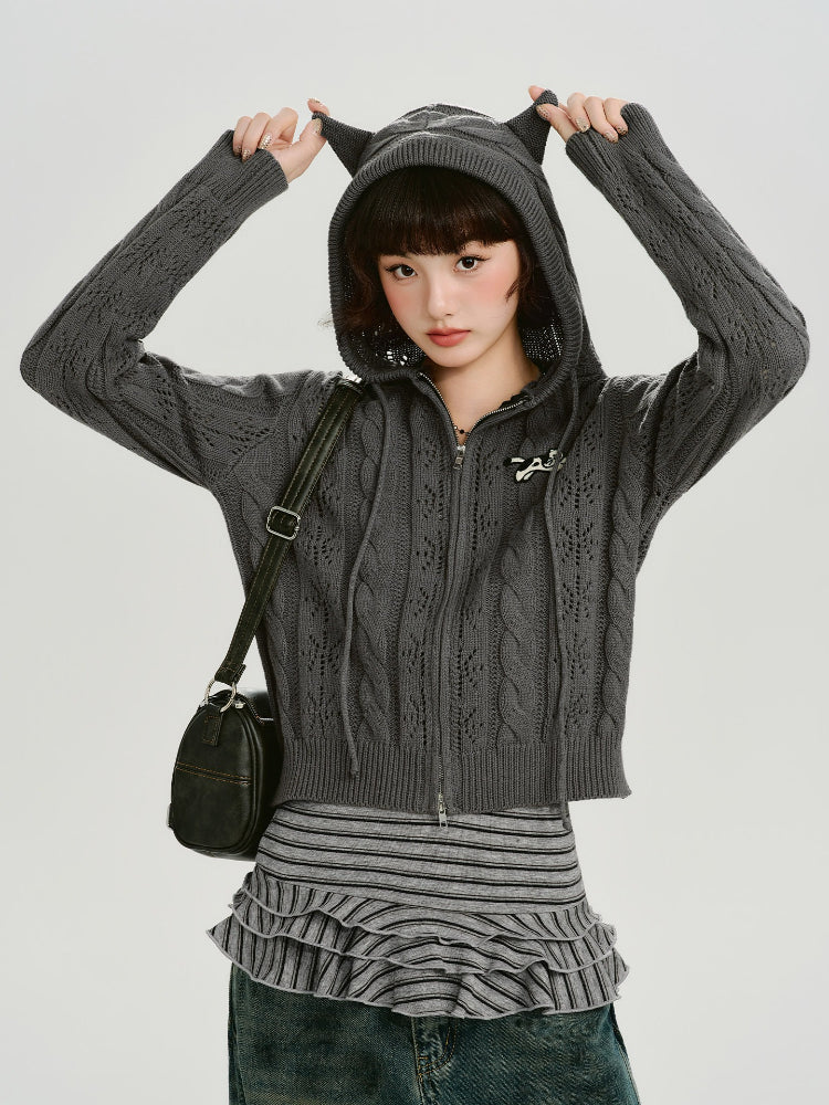 Vintage Cable Knit Hooded Zip-Up Cardigan - Grey