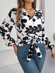 Monochrome floral tie-front blouse - View 6 | TEVQA
