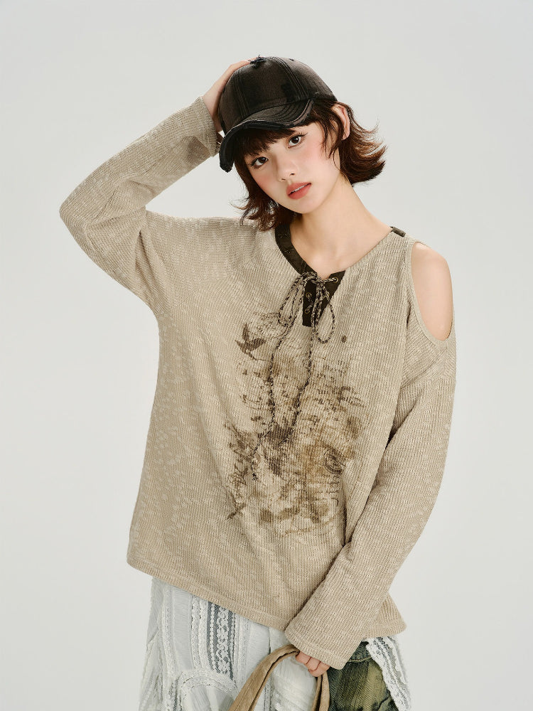 Vintage Asymmetric Cold Shoulder Graphic Top - Beige
