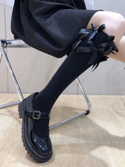 Black Triple Ribbon Bow Knee High Socks Coquette JK