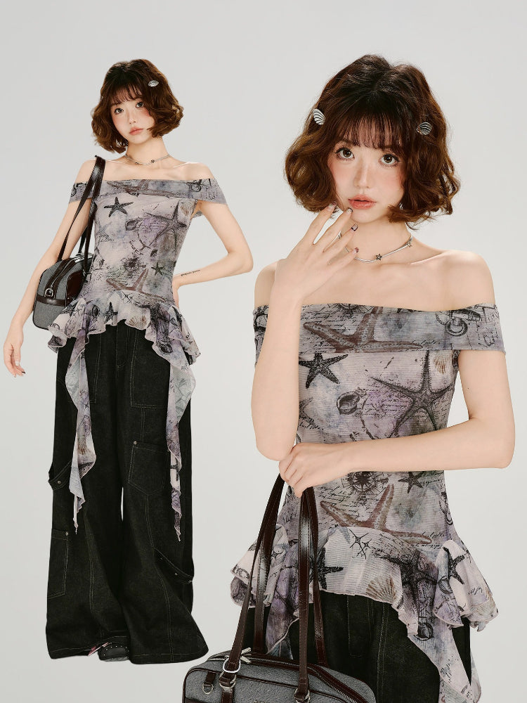 Vintage Nautical Print Off-Shoulder Top Grey