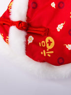 Dog wearing a red and gold New Year tang suit vest with faux fur trim and Chinese knot buttons. - View 11 | TEVQA