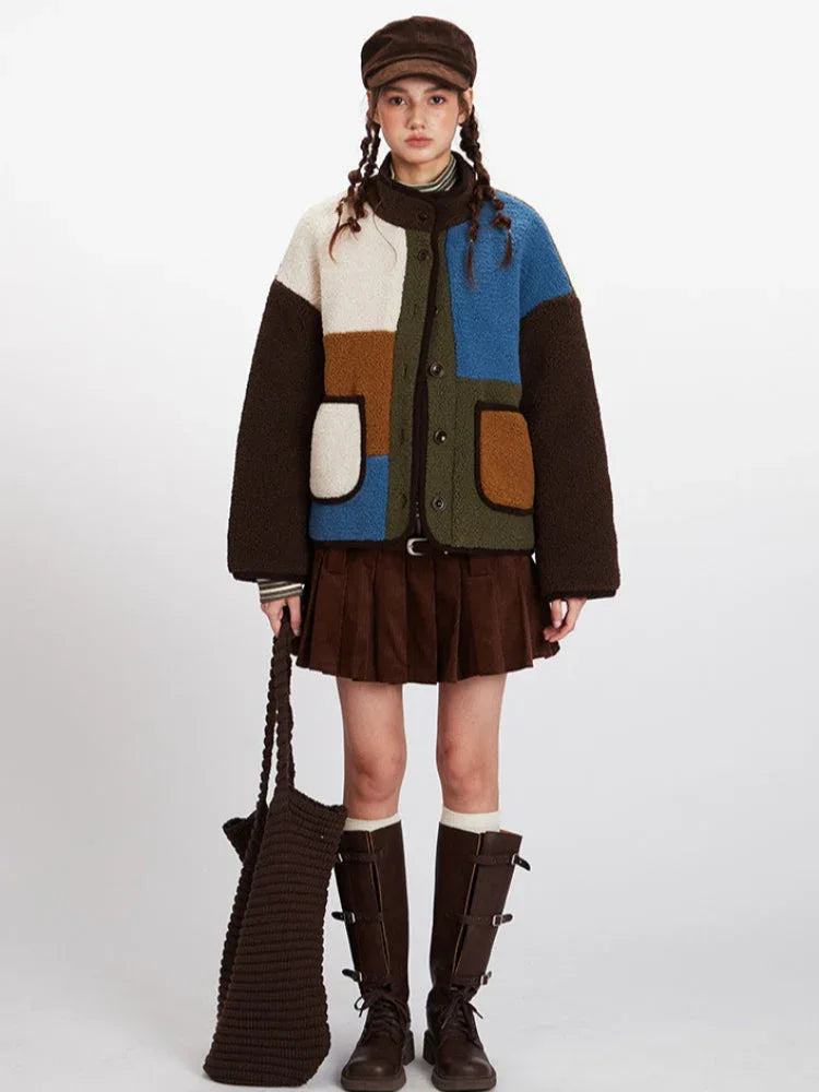 Front view of a woman wearing a colorblock fleece jacket with a brown corduroy skirt and boots Main image
