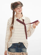 Vintage Cream Striped Rhinestone Polo Shirt - TEVQA