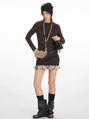 Y2K Mocha Ruched Slim Fit Long Sleeve Top - TEVQA