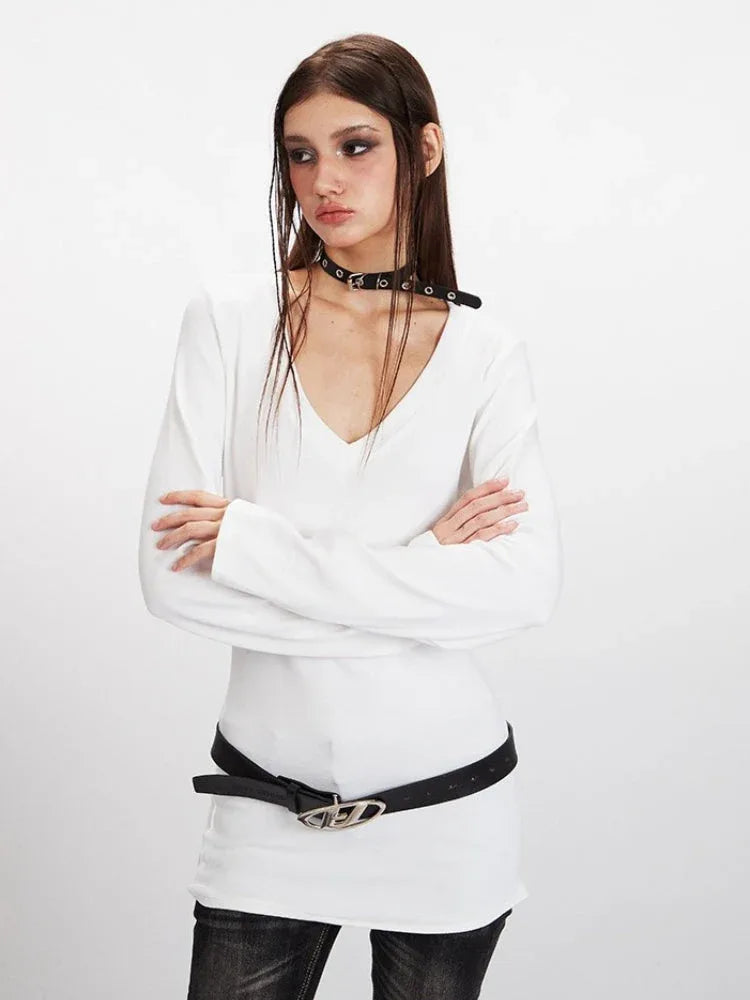 90s Minimalist Longline V-Neck Tee - TEVQA