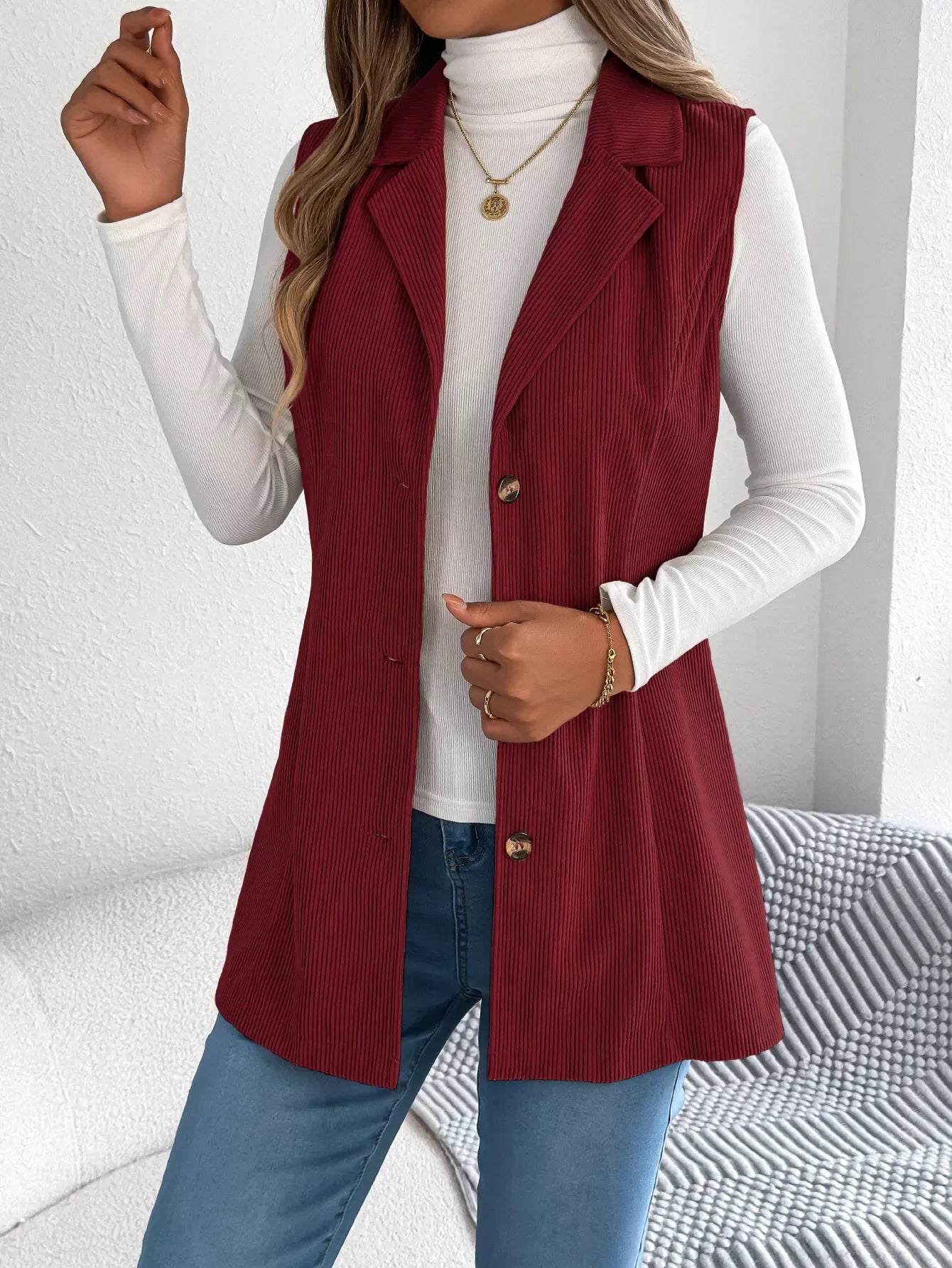 Beige Corduroy Button Down Vest - TEVQA