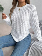 Camel Cable Knit Curved Hem Sweater - TEVQA
