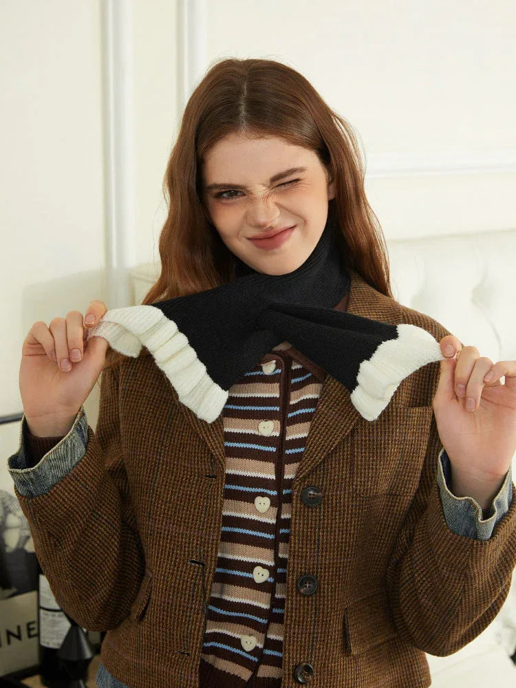 Ruffle Hem Color-Block Cross Scarf - TEVQA