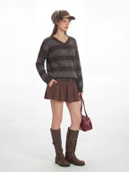 Vintage Academia V-Neck Striped Knit Sweater - TEVQA