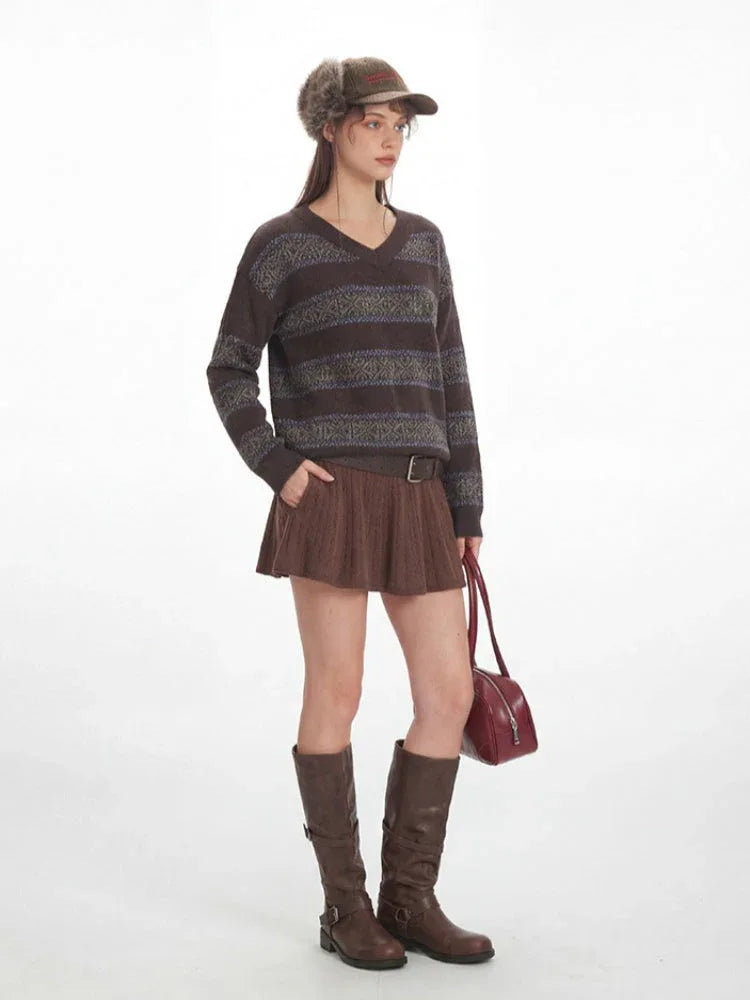 Vintage Academia V-Neck Striped Knit Sweater - TEVQA