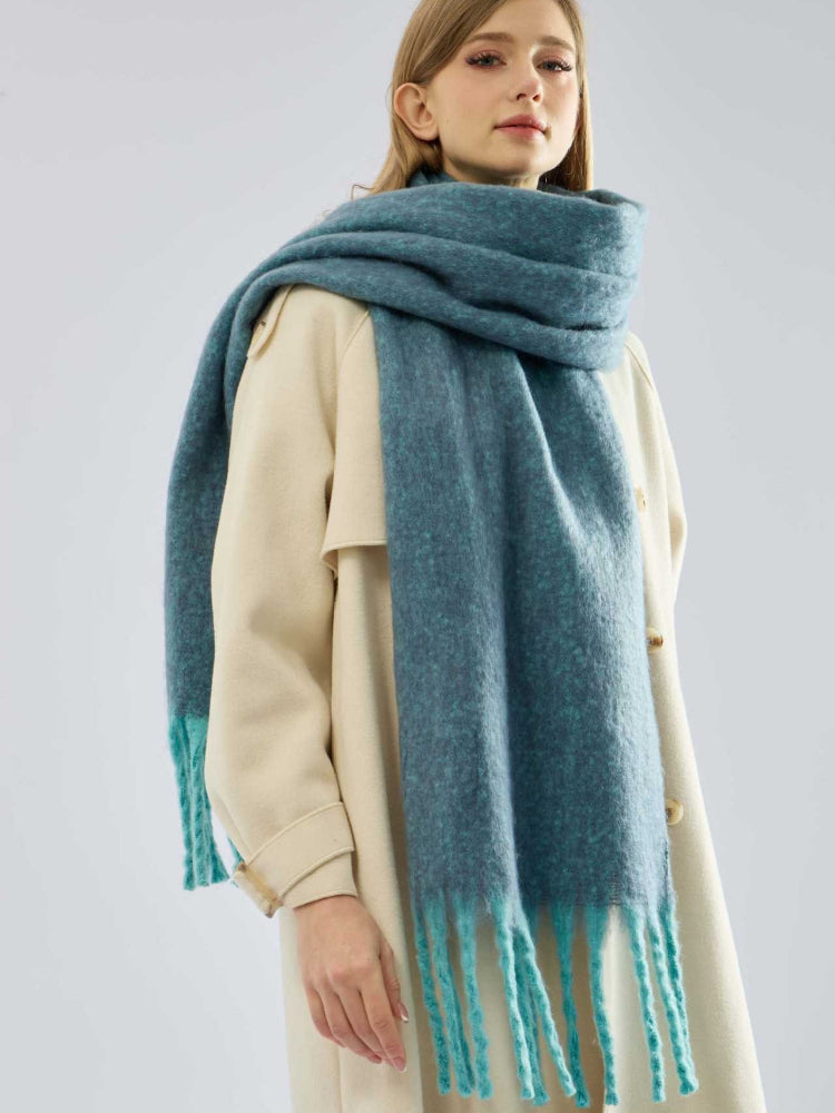 Women's Extra-Long Bouclé Scarf Soft Chunky Knit Winter Wrap with Fringe - Teal Blue Secondary image