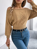 Khaki Off-Shoulder Cable Knit Sweater - View 6 | TEVQA