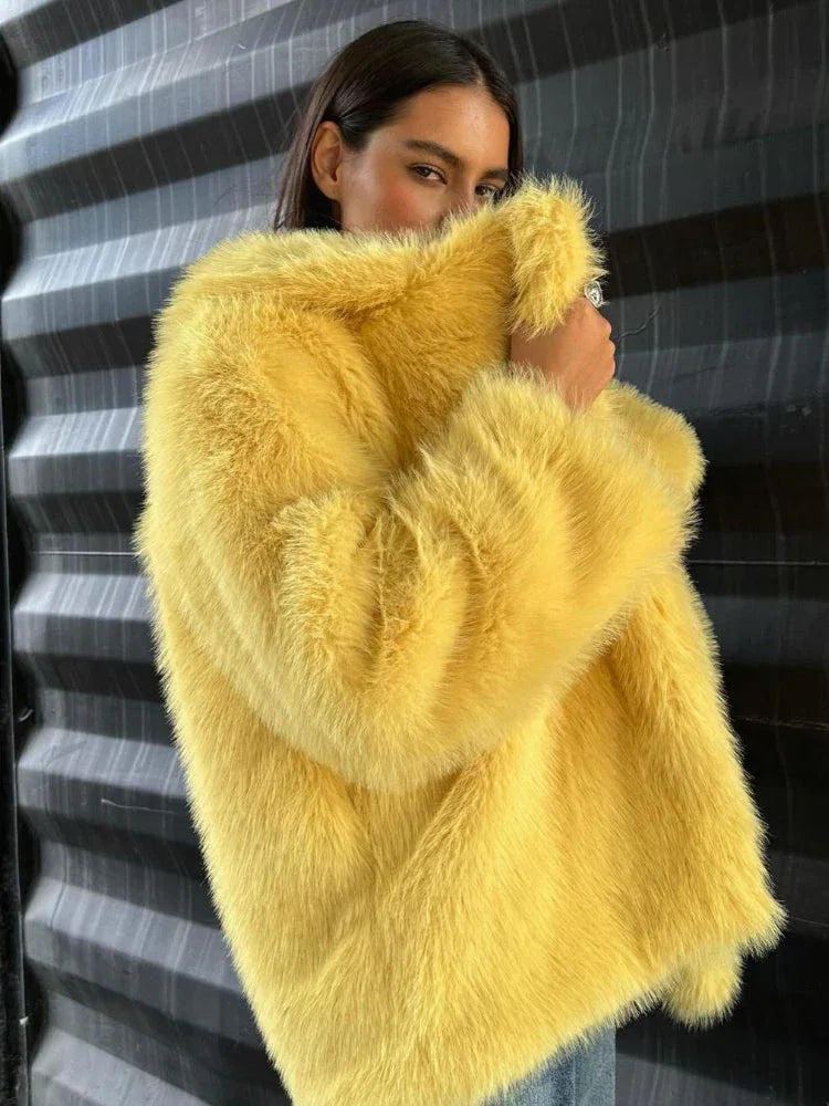 Golden yellow faux fox fur coat - View 7 | TEVQA