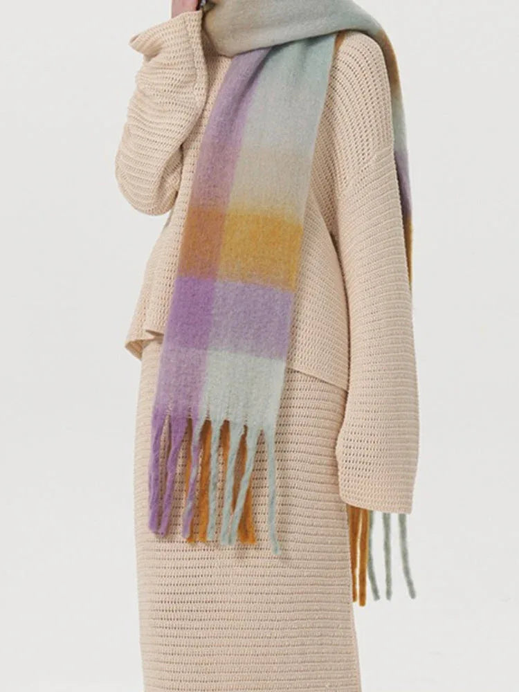 Oversized Blue & Beige Color Block Plaid Scarf - View 14 | TEVQA