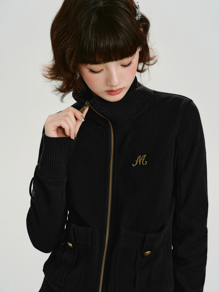 Vintage Stand Collar Zip-Up Sweatshirt with Pockets - Black