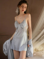Embroidered Sheer Lace Satin Slip Dress - TEVQA