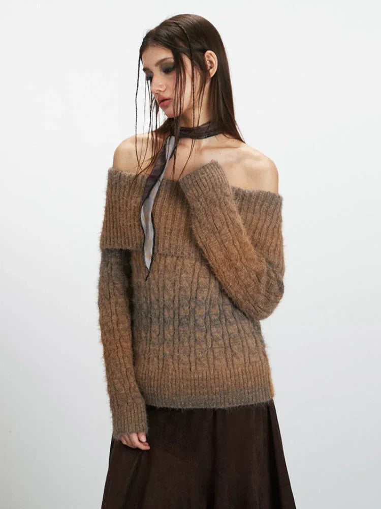 Y2K Mocha Ombre Off-Shoulder Fuzzy Knit Sweater - TEVQA