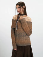 Y2K Mocha Ombre Off-Shoulder Fuzzy Knit Sweater - TEVQA