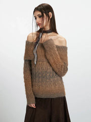 Y2K Mocha Ombre Off-Shoulder Fuzzy Knit Sweater - TEVQA