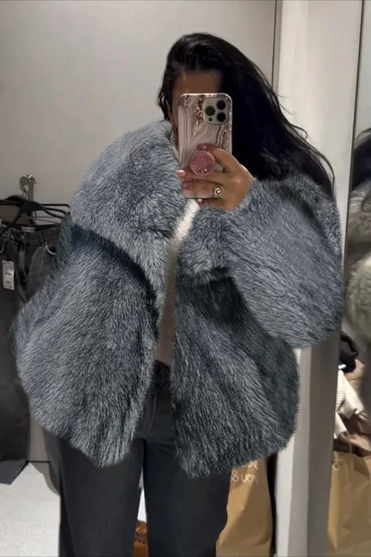 Luxe Sage Grey Faux Fox Fur Coat - TEVQA
