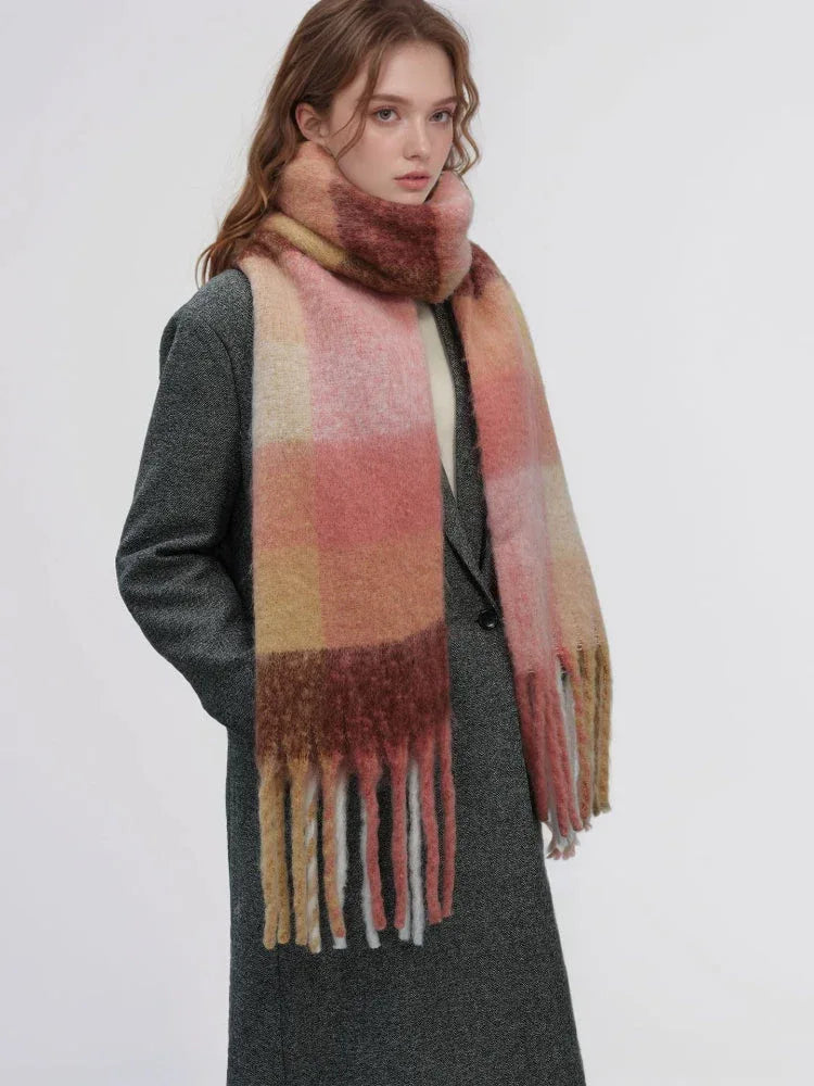 Oversized Blue & Beige Color Block Plaid Scarf - View 6 | TEVQA