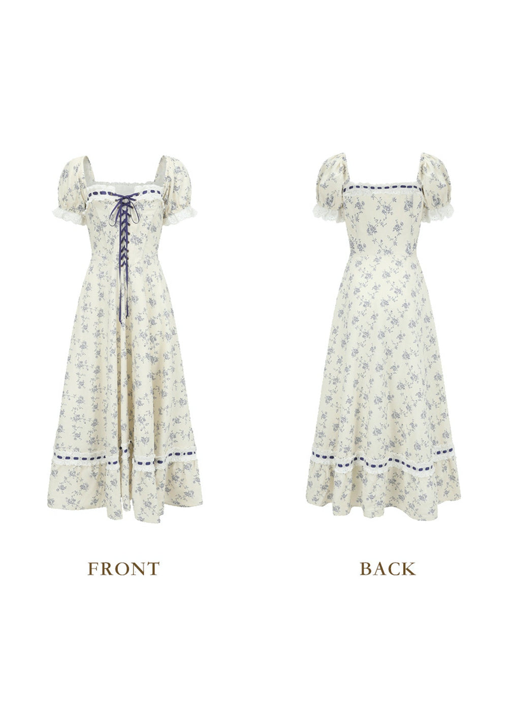 Front view of a cream floral print midi dress with puff sleeves, square neckline, and lace-up detail.