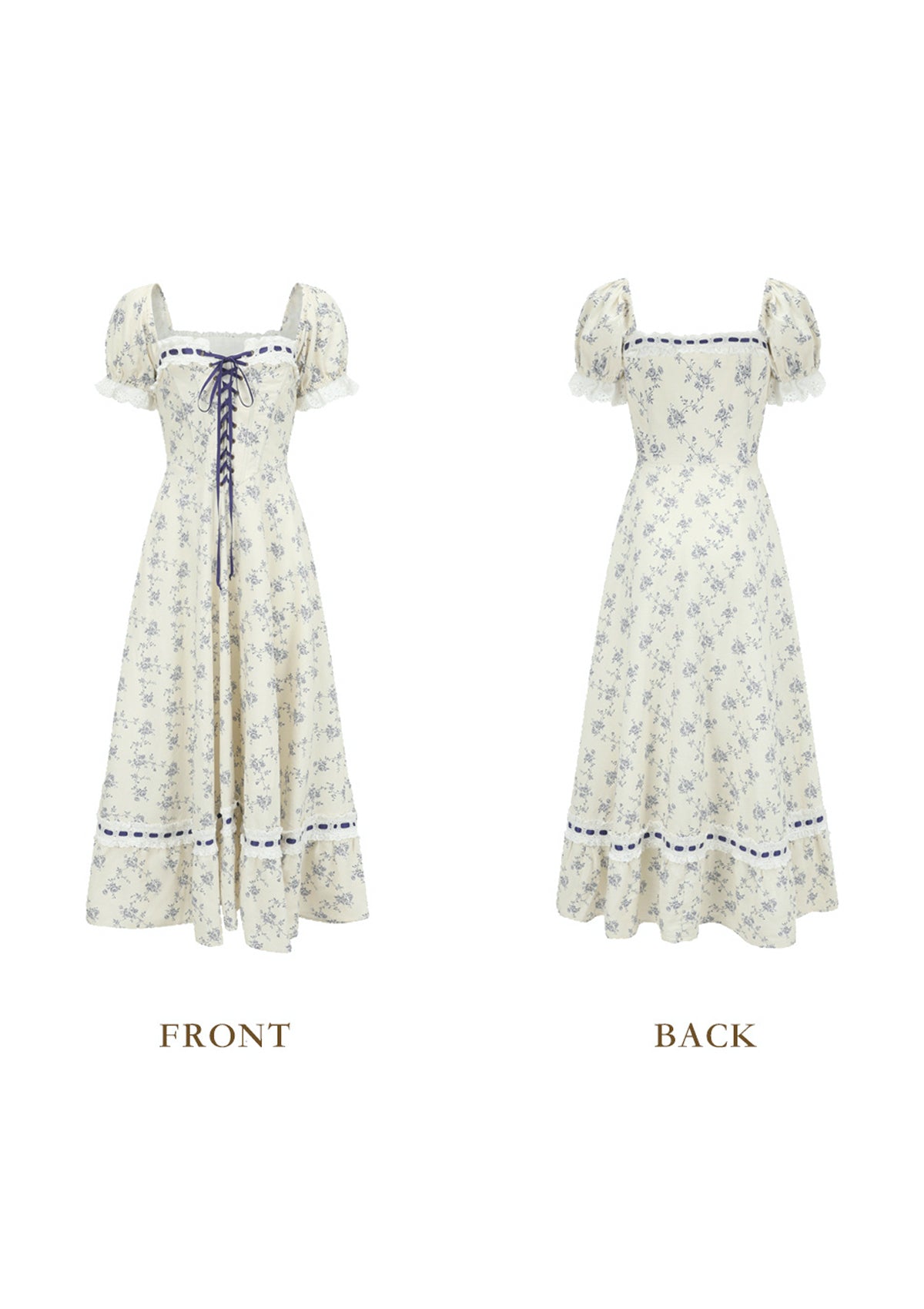 Front view of a cream floral print midi dress with puff sleeves, square neckline, and lace-up detail.