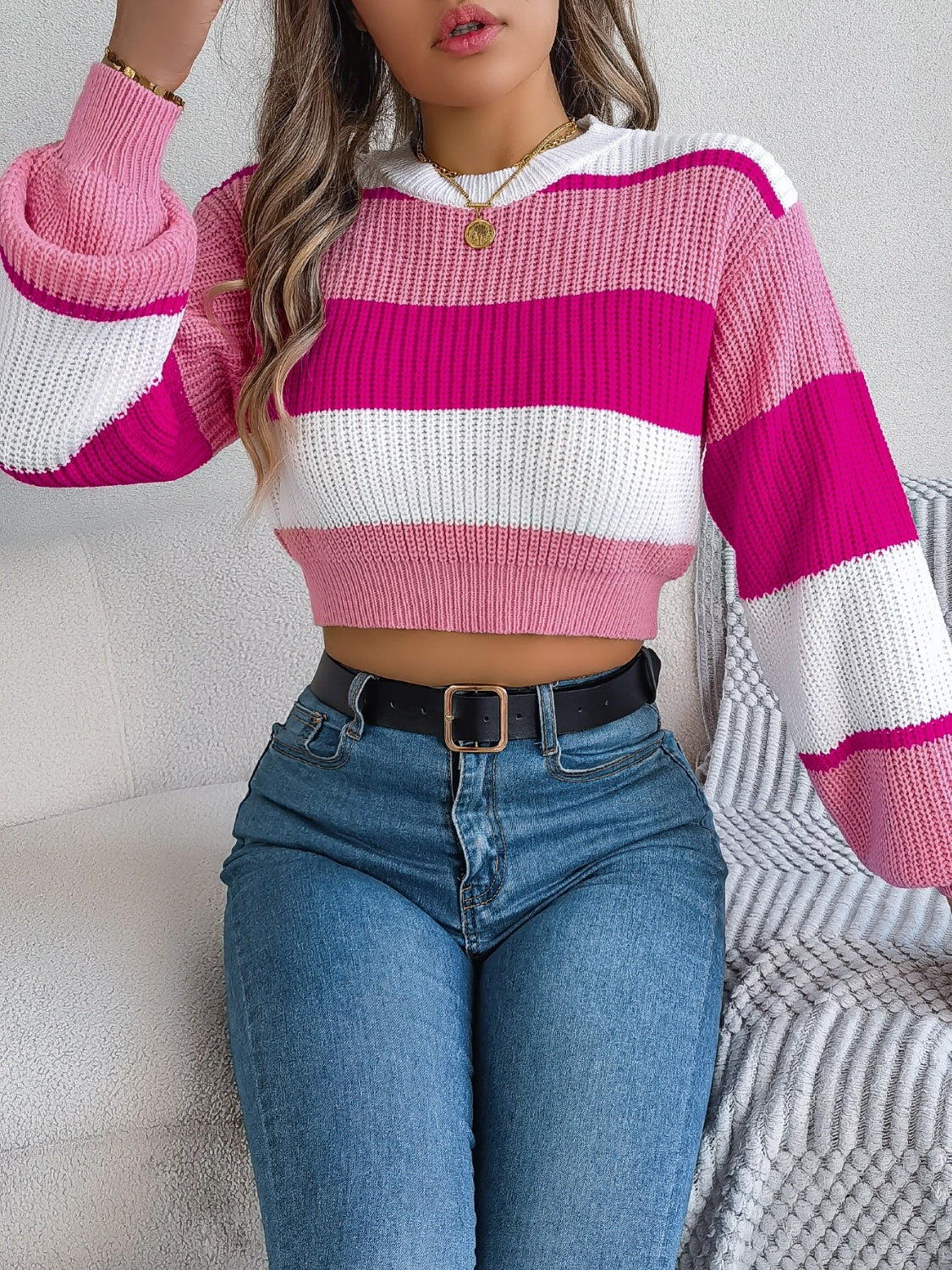 Sunset Boulevard Color Block Knit Crop Sweater