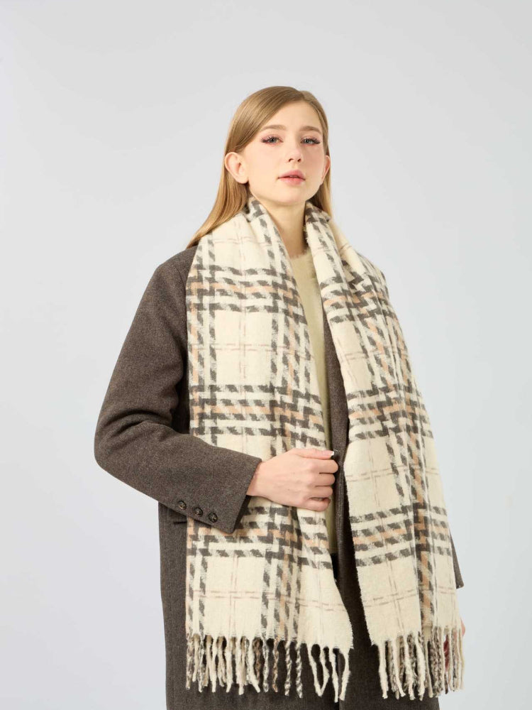 Classic Plaid Tassel Scarf Beige