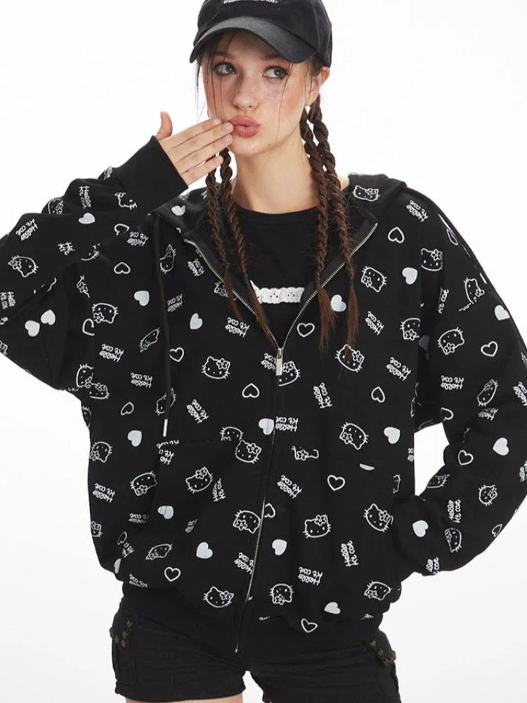Cute cat print zip-up hoodie - View 6 | TEVQA