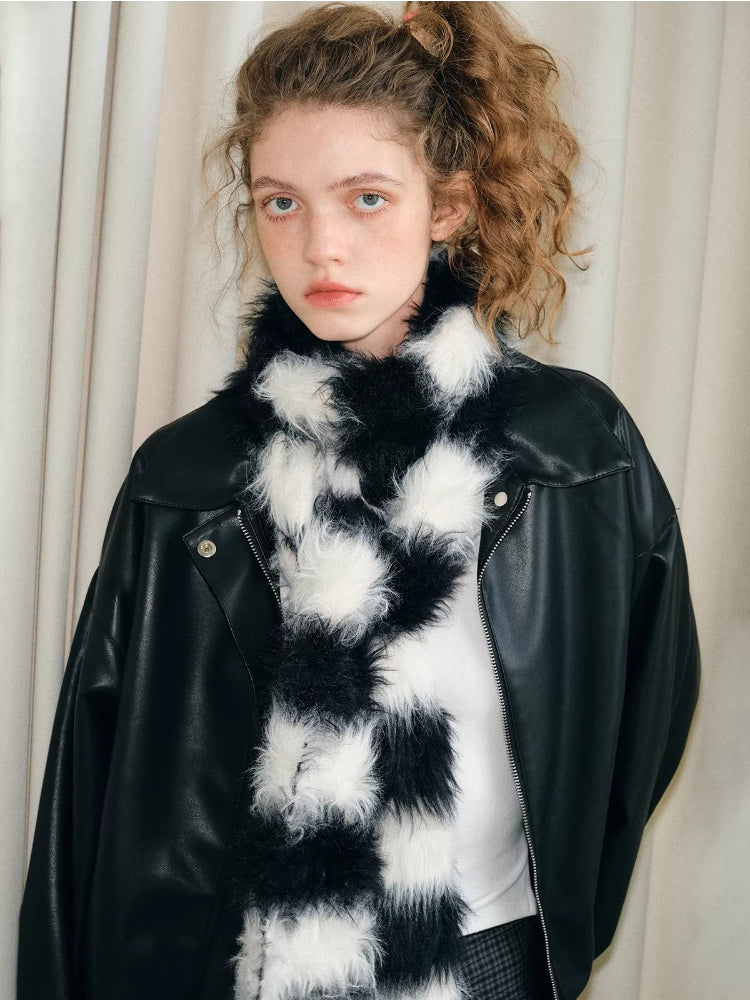 Black White Striped Faux Fur Knit Scarf