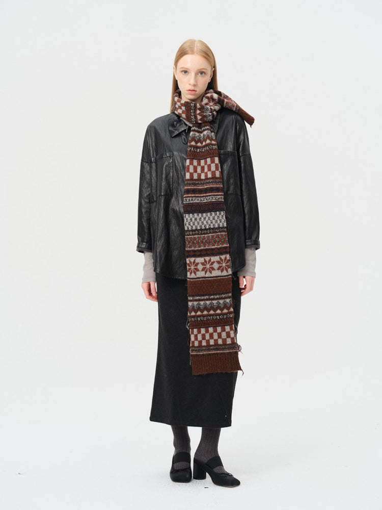 Vintage Fair Isle Jacquard Knit Scarf Wool Blend Raw Edge - Brown Pattern
