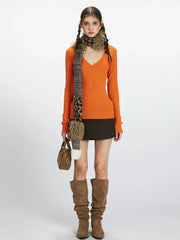 Vibrant V-Neck Slim Fit Cable Knit Top - TEVQA